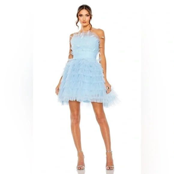 Mac Duggal 20529 Blue Feathered Strapless Tulle Fit & Flare Mini Dress NWT - Picture 5 of 6